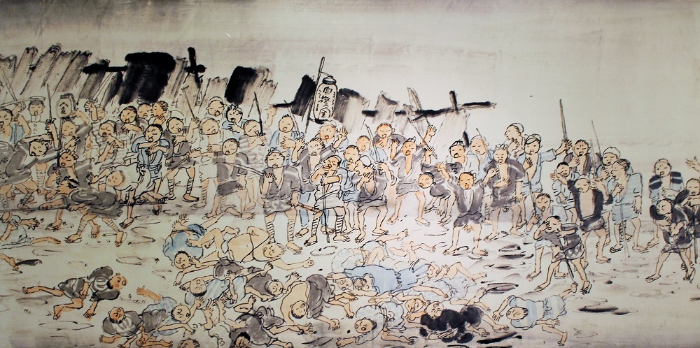 写真・図版 : 萱原白洞「東都大震災過眼録」（国立歴史民俗博物館蔵）。「自警団」のちょうちんを掲げた民衆が刀でけしかけ、斬りつけられた人々が倒れている