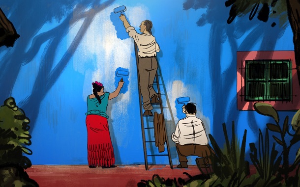 写真・図版 : メキシコに逃れたジュゼップはフリーダ・カーロと交流し恋に落ちる。「青い家」の壁を塗る(左から)フリーダ、ジュゼップ、セルジュ