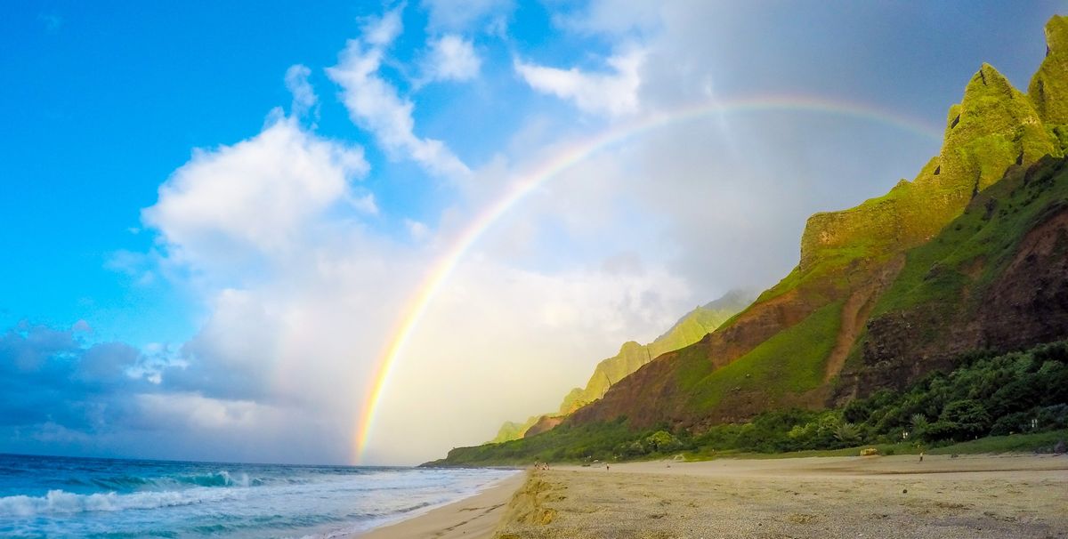 写真・図版 : カウアイ島の絶壁と海岸にかかった虹（Philip Jaeger / Shutterstock.com）