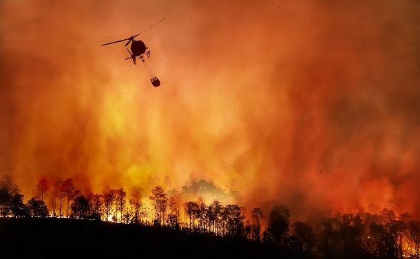 写真・図版 : 頻発する山火事の消火作業をするヘリコプター（shutterstock.com）