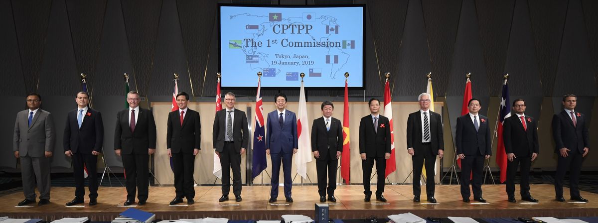 写真・図版 : TPP発効後、第1回目の委員会を開いた参加各国の閣僚ら＝2019年1月19日、東京都内