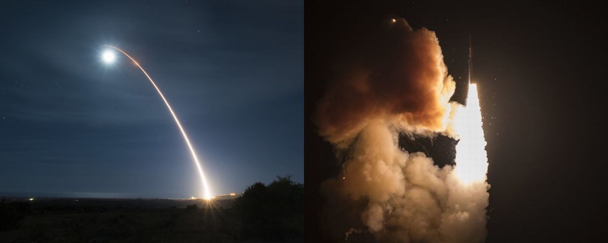写真・図版 : カリフォルニア州のバンデンバーグ空軍基地から発射実験で打ち上げられた大陸間弾道ミサイル「ミニットマン3」＝2020年2月5日、米空軍提供