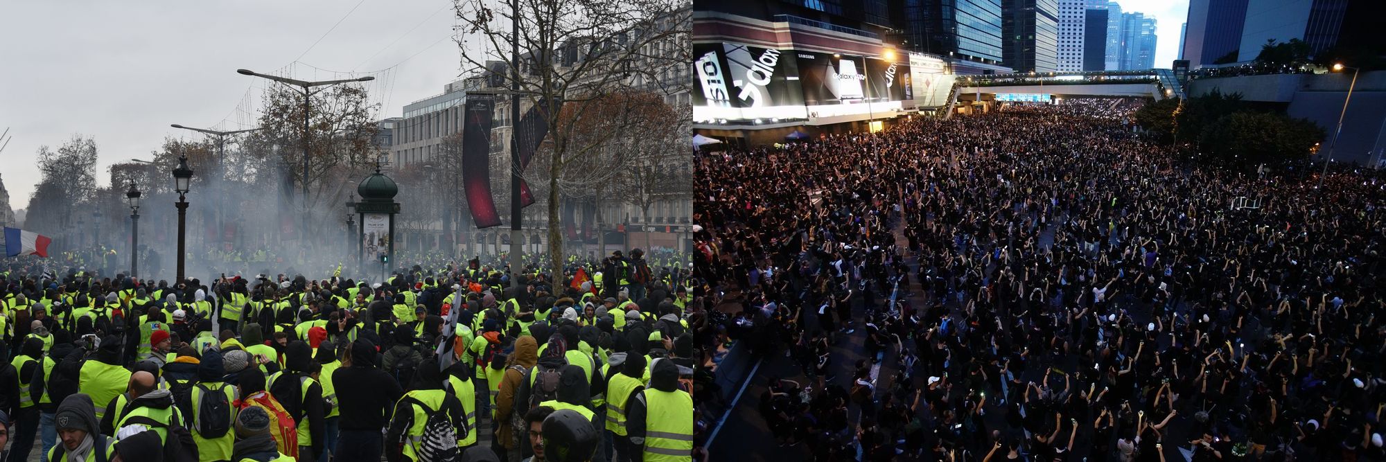 写真・図版 : パリのシャンゼリゼ通りを、黄色いジャケットを着たデモ参加者が埋め尽くした＝2018年12月8日（左）、香港の逃亡犯条例改正案に反対するデモ行進。人口約750万人の香港で約200万人（主催者発表）が参加したとされる＝2019年6月16日（右）