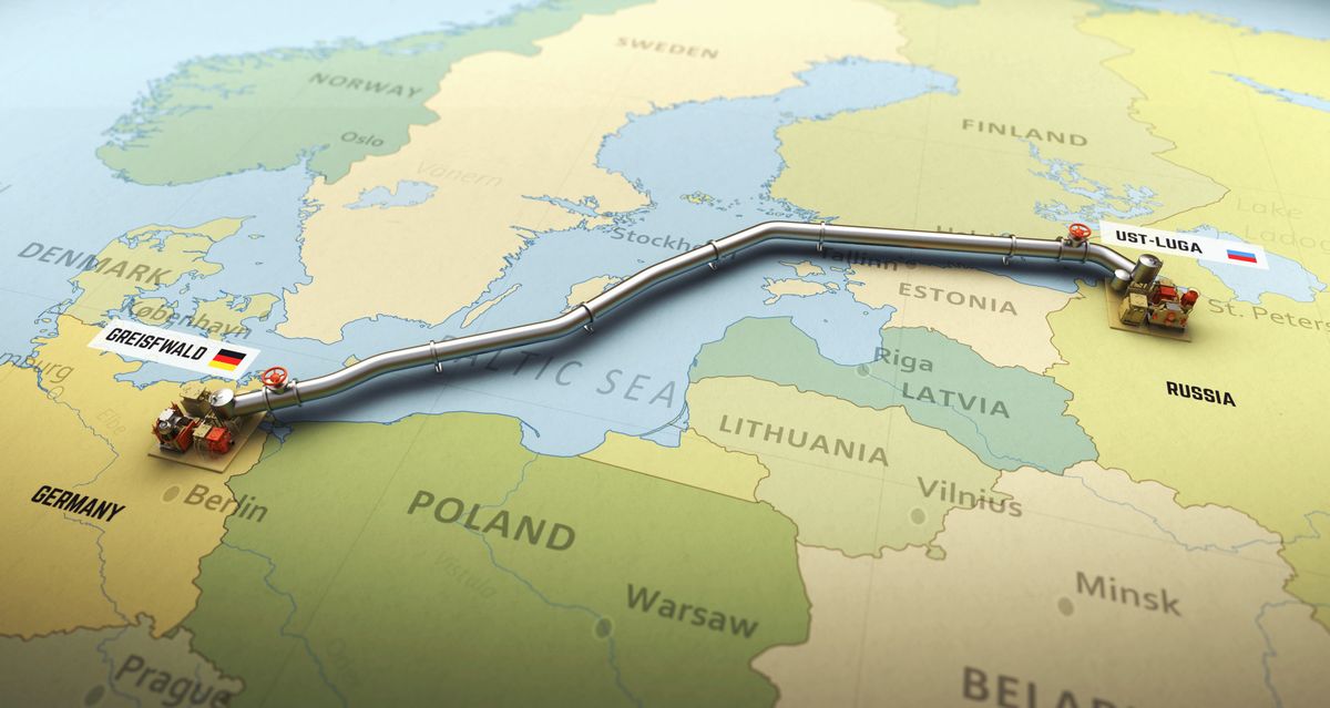 写真・図版 : ロシアとドイツの間の天然ガスパイプライン「Nord Stream 2」のルートのイメージ図（Frame Stock Footage/Shutterstock.com）