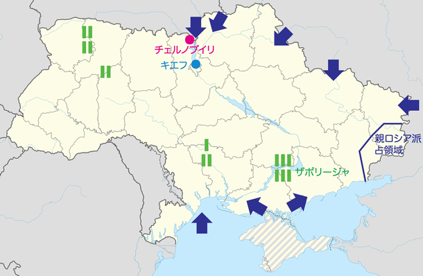 写真・図版 : 地図3：ウクライナの原発の位置（緑の棒は稼働原子炉の数）とロシア軍の侵入経路（2月25日段階のスウェーデン放送のサイトを参照）。ウィキコモンスの地図の上に筆者が書き加えた
