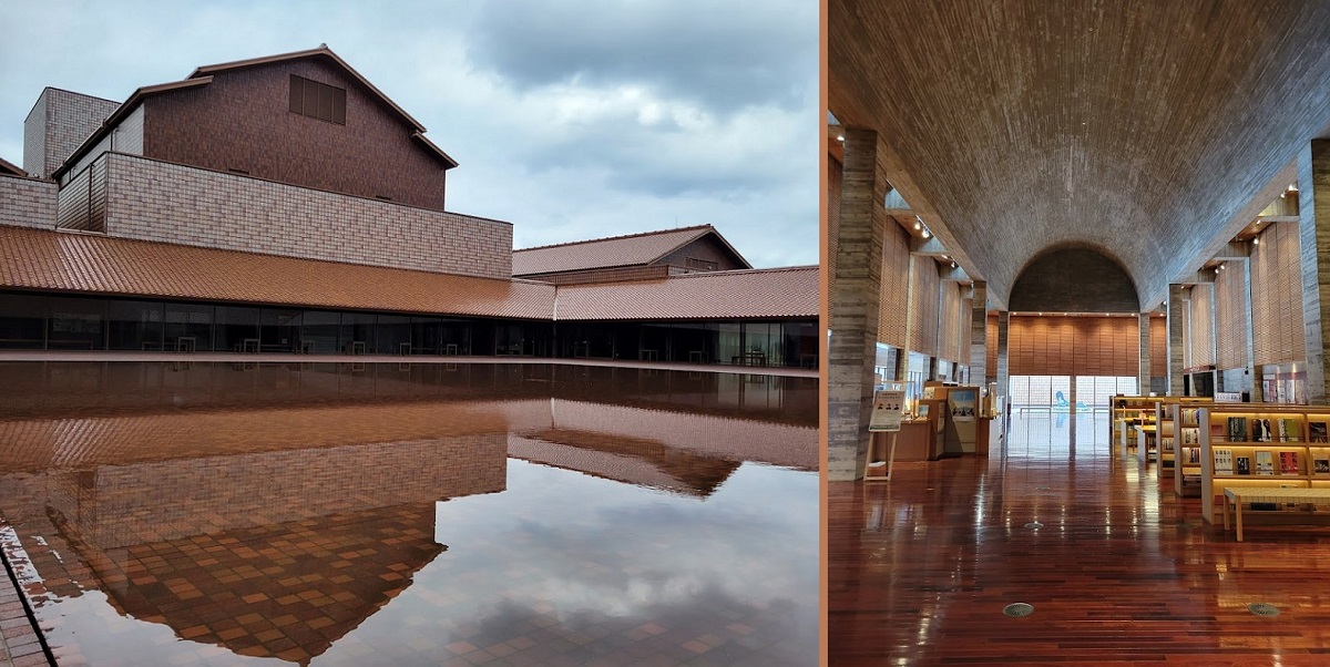 写真・図版 : 特産の石州瓦がふんだんに使われた美しいグラントワの建物の概観（左）と内部＝島根県益田市