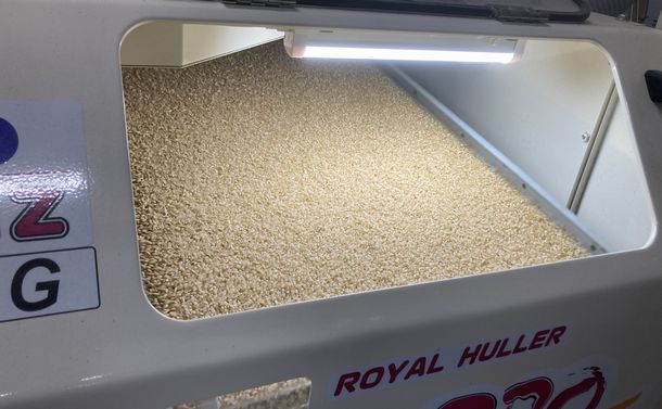 写真・図版 : お米から籾殻を外す籾掏（もみす）り。機械で行うことがほとんどで、水分を15%前後に落としていく＝筆者撮影