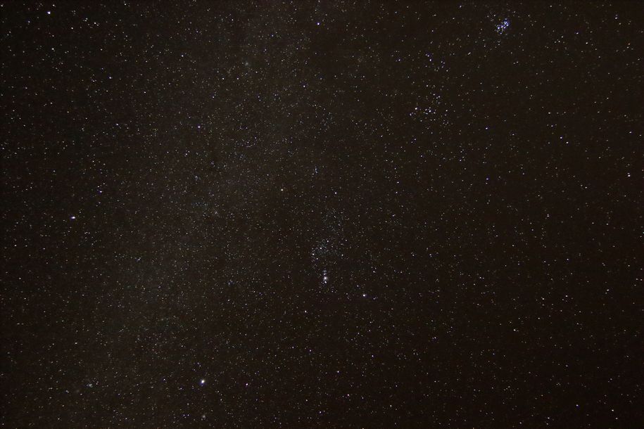写真・図版 : 小笠原諸島母島で撮影されたオリオン座(中央)。チラシの三鷹の空と比べて見ると、その星空環境の良さに驚嘆させられる＝クレジット：国立天文台