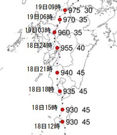 台風14号の経路図。右の数字が最大風速、左が中心気圧を示す=鹿児島地方気象台提供