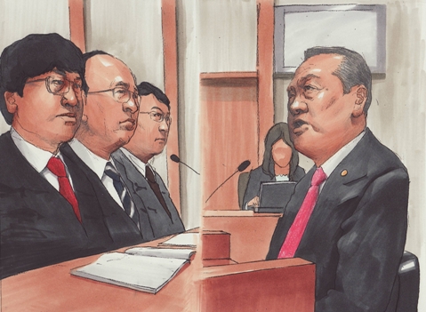 写真・図版 : 裁判官（左の３人）からの質問に答える小沢一郎・民主党元代表＝１１日午後、東京地裁、絵と構成・小柳景義
