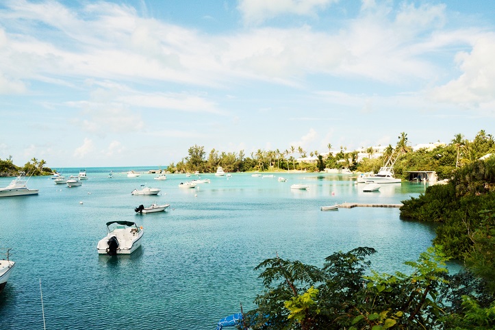 写真・図版 : バミューダ諸島にはたくさんの小さな湾があり、無数のヨットが浮かんでいる＝２０１７年１０月９日、吉田美智子撮影