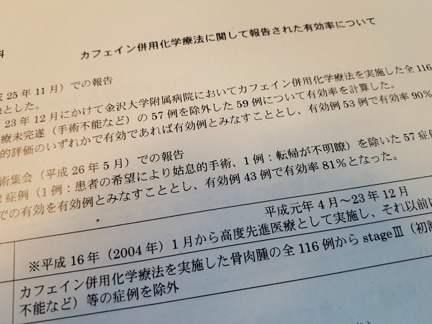 写真・図版 : 金沢大学が厚生労働省に提出した「カフェイン併用化学療法に関して報告された有効率について」と題する文書